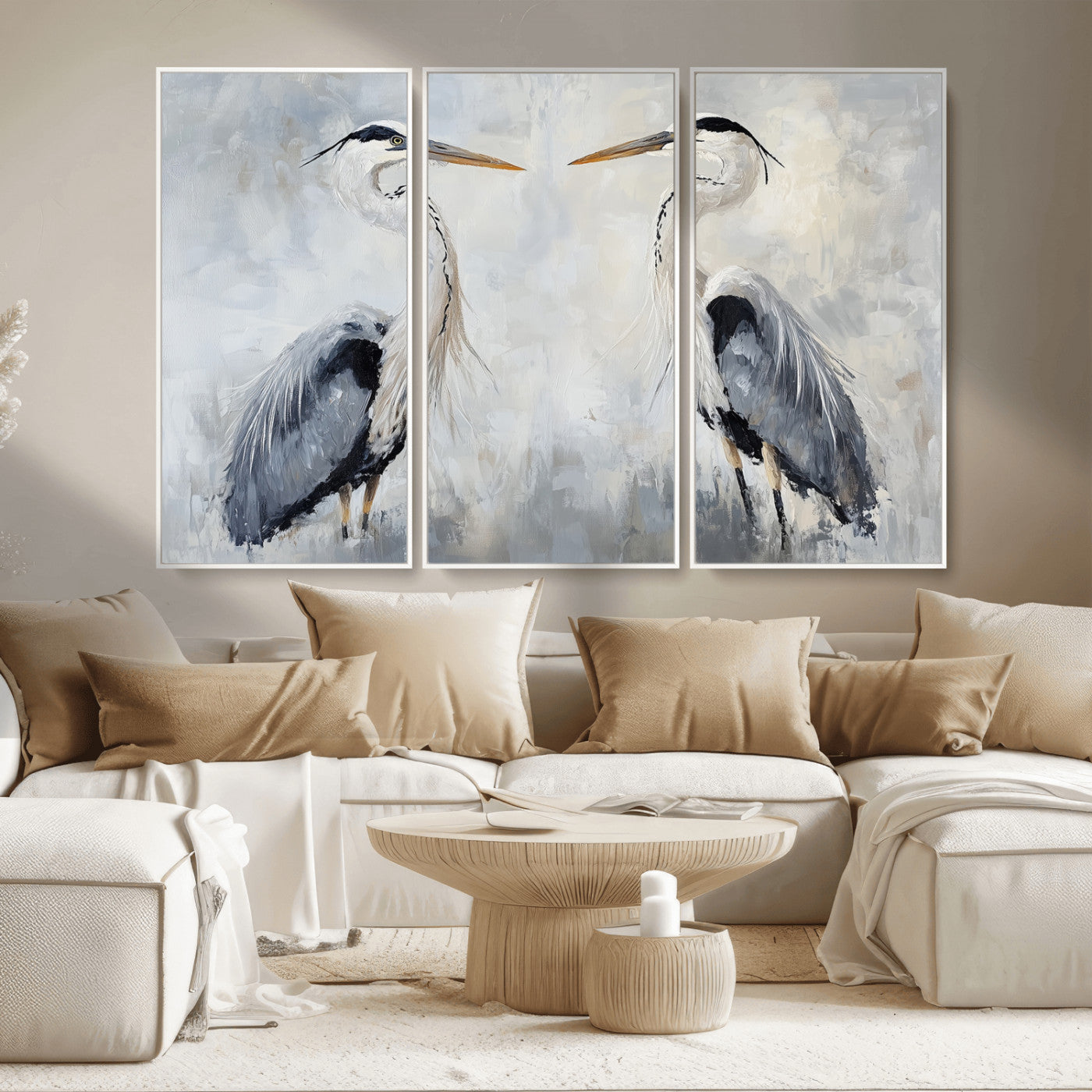 MGV-FC-48X32-3P - Heron Wall Art Wall Art Canvas Print, Framed Bird Canvas Decor Art Picture Print, Nature Inspired Perfect Coastal Minimalist Decor Artwork