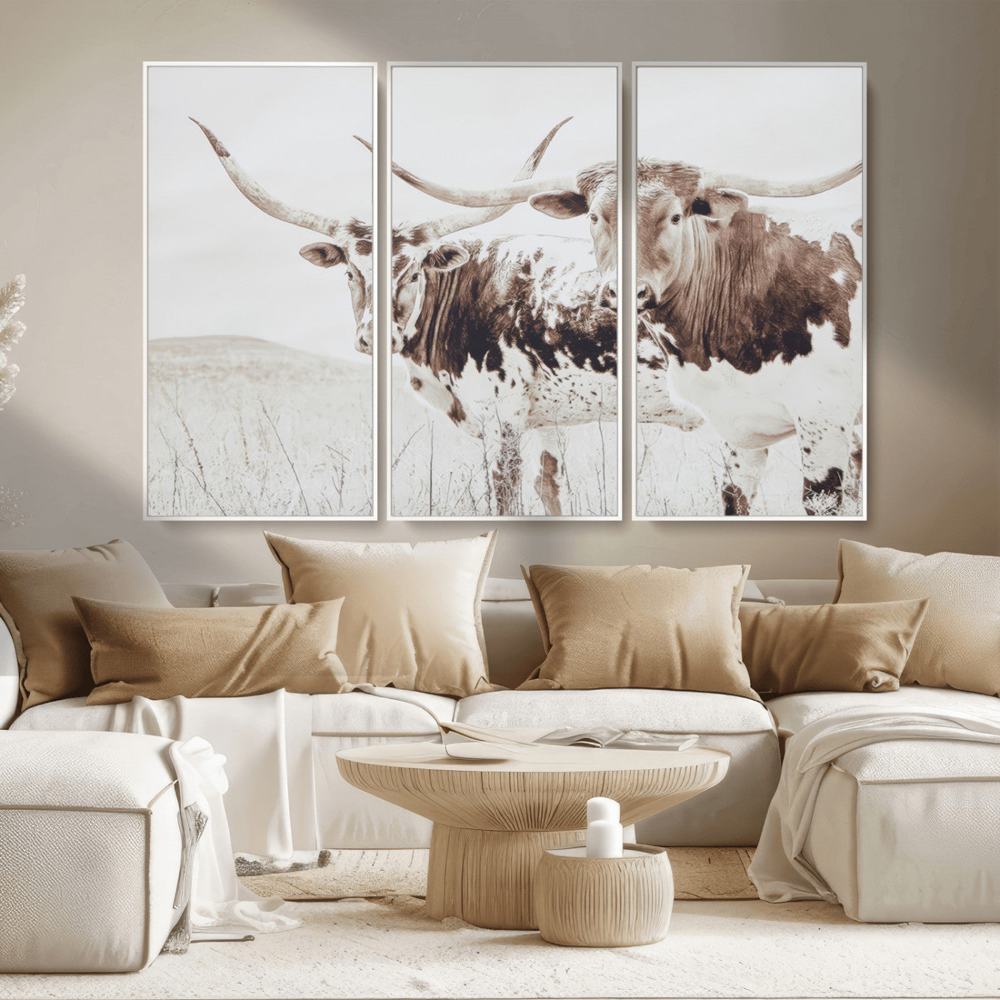 MGV-FC-48X32-3P - Longhorn Wall Art Wall Art Canvas Print, Framed Western Cow Canvas Art Picture Print, Rustic Farm Decor Perfect Rustic Farmhouse Decor Artwork