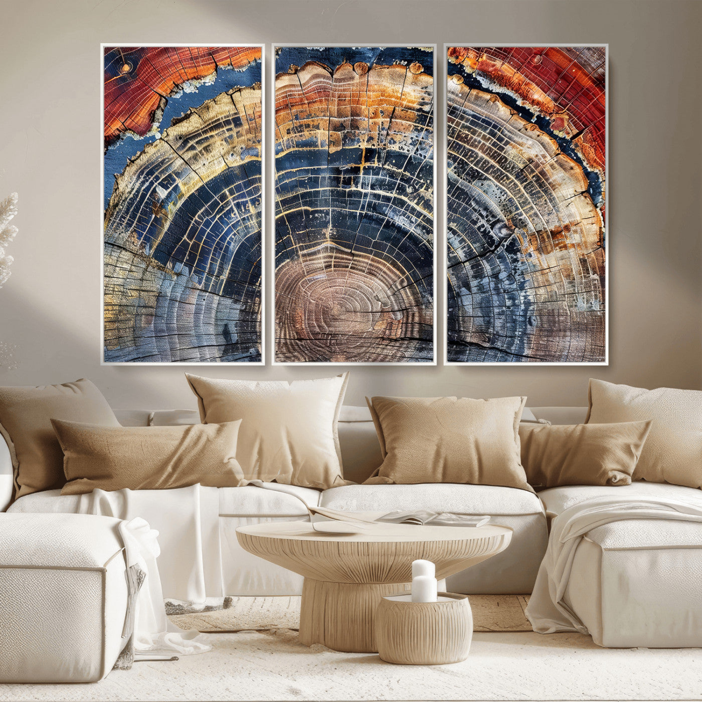 MGV-FC-48X32-3P - Tree Rings Wall Art Canvas Print, Framed Wood Texture Art Picture Print, Petrified Wood Perfect Modern Rustic Decor Artwork