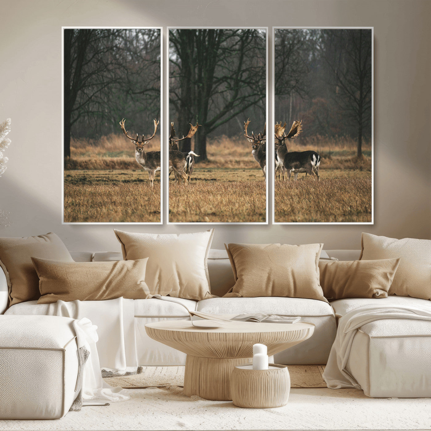 MGV-FC-48X32-3P - Deer Photography Wall Art Canvas Print, Framed Rustic Wildlife Art Picture Print, Stags In Forest Perfect Rustic Wilderness Decor Artwork