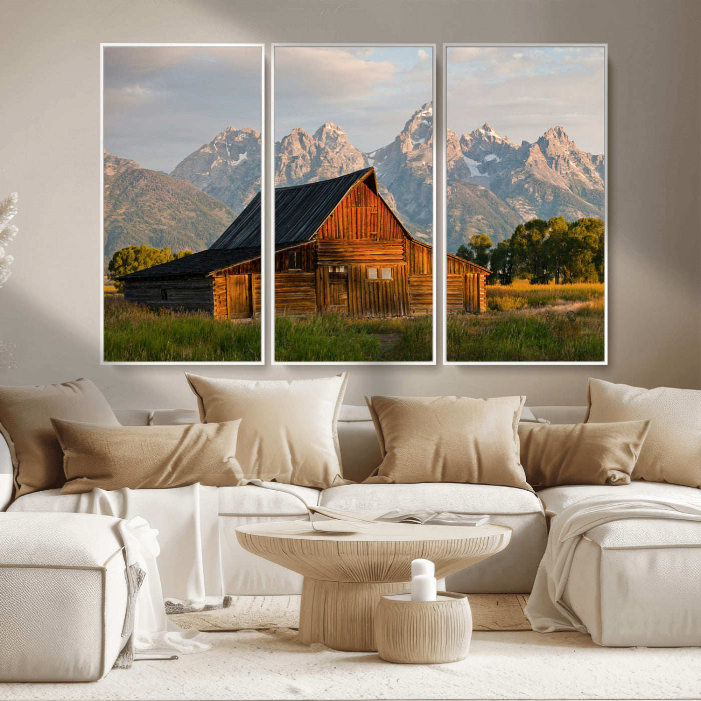 MGV-FC-48X32-3P - Rustic Barn Wall Art Canvas Print, Framed Western Landscape Art Picture Print, Farmhouse Style Perfect Rustic Farmhouse Decor Artwork