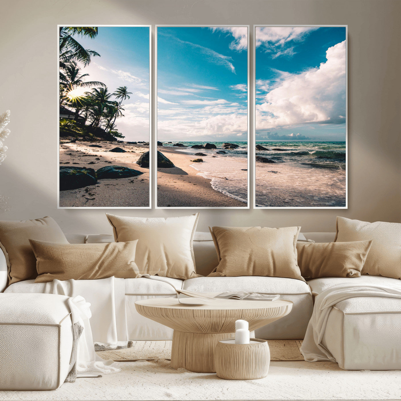 MGV-FC-48X32-3P - Tropical Beach Wall Art Canvas Print, Framed Ocean Waves Art Picture Print, Relazxing Seascape Perfect Tropical Coastal Decor Artwork