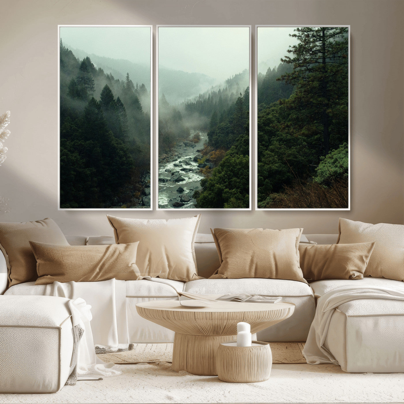 MGV-FC-48X32-3P - Misty Forest Wall Art Canvas Print, Framed Foggy River Art Picture Print, Moody Landscape Perfect Wilderness Decor Artwork