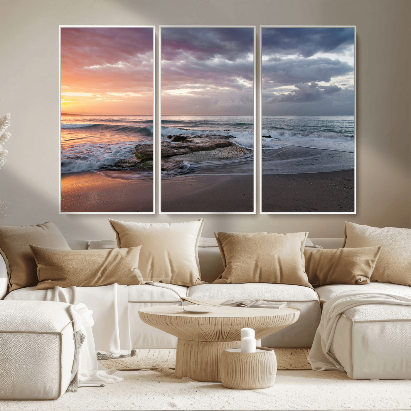 MGV-FC-48X32-3P - Golden Hour Wall Art Canvas Print, Framed Tranquil Waves Art Picture Print, Beach Perfect Coastal Serenity Decor Artwork