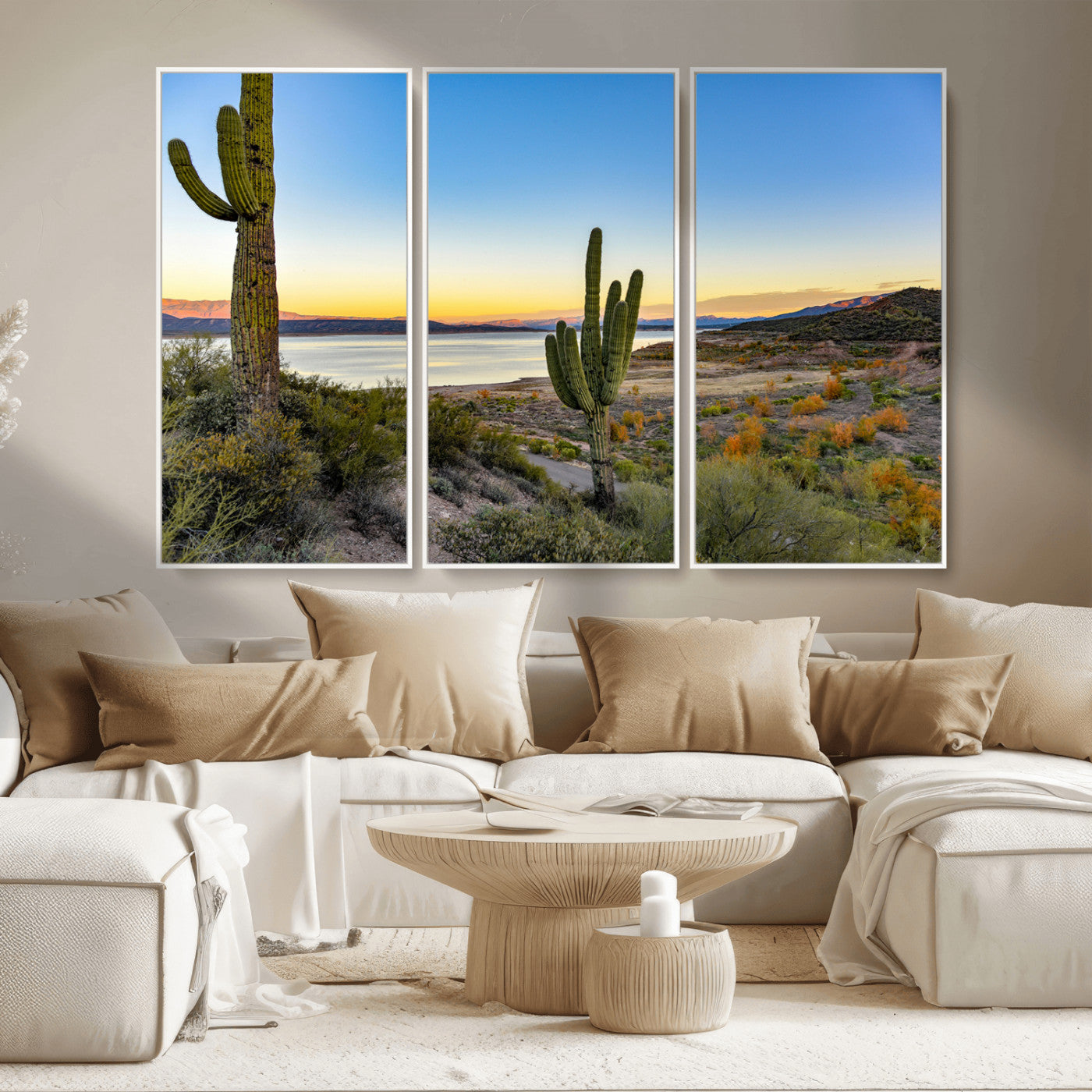 MGV-FC-48X32-3P - Saguaro Cactus Wall Art Canvas Print, Framed Desert Sunset Art Picture Print, Southwestern Perfect Southwestern Decor Artwork