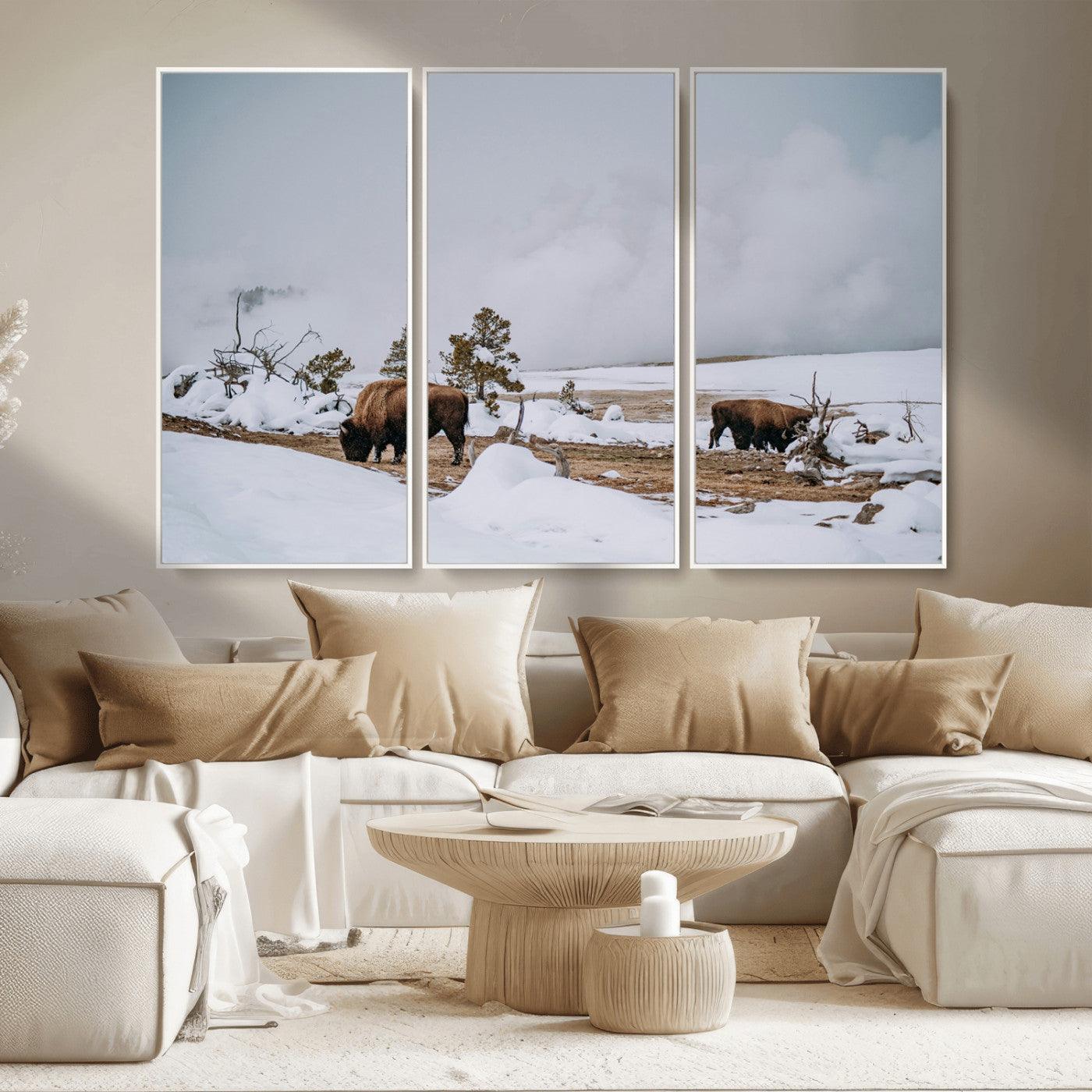 MGV-FC-48X32-3P - Bison Wildlife Wall Art Canvas Print, Framed Snowy Prairie Art Picture Print, Western Perfect Rustic Decor Artwork