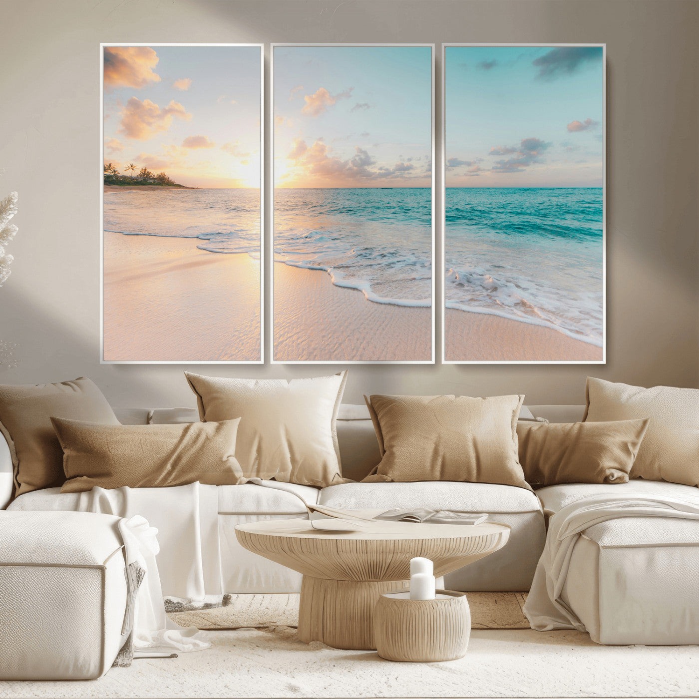 MGV-FC-48X32-3P - Beach Sunset Wall Art Canvas Print, Framed Ocean Waves Art Picture Print, Summer Escape Perfect Coastal Decor Artwork