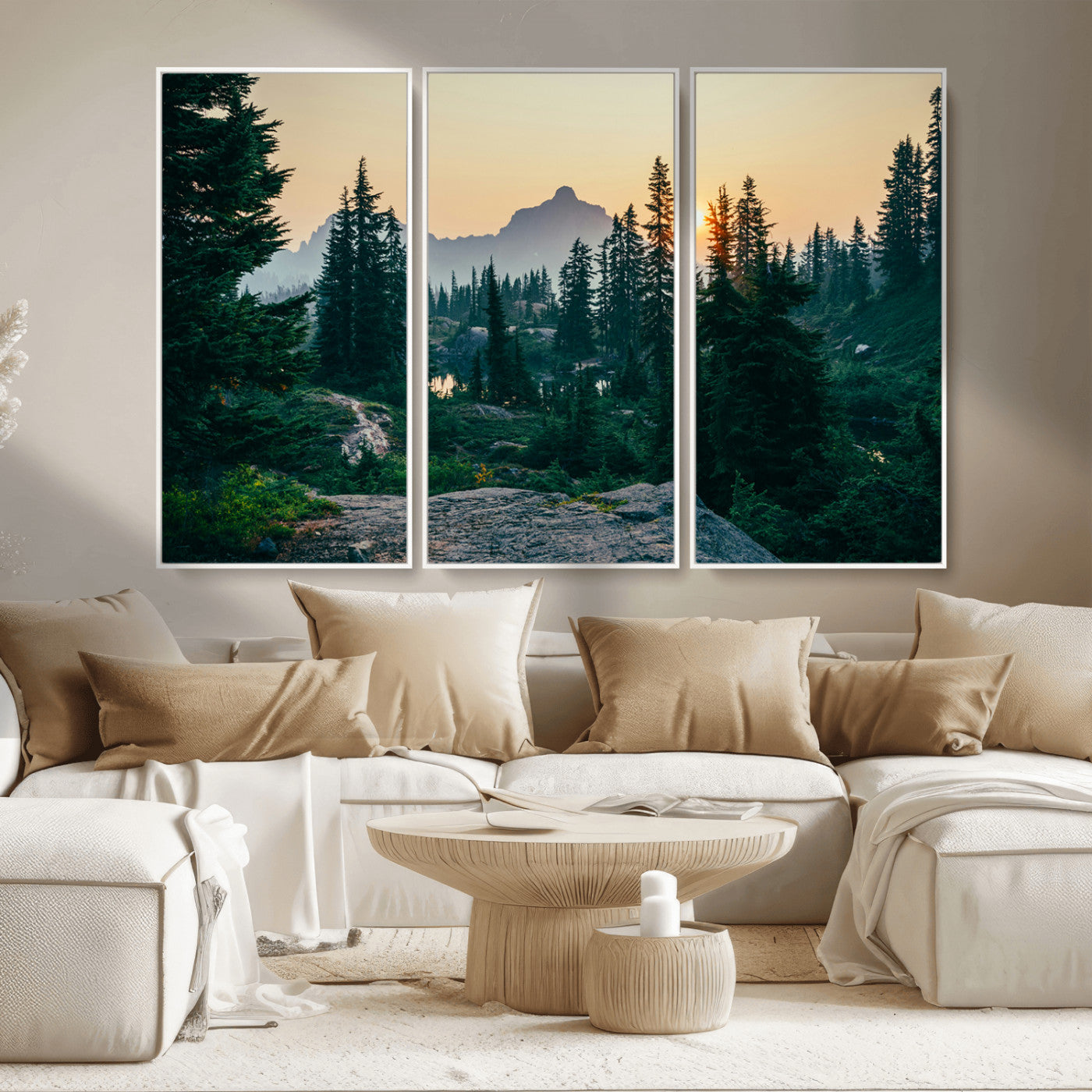 MGV-FC-48X32-3P - Mountain Wall Art Canvas Print, Framed Forest Serenity Art Picture Print, Mountain Perfect Rustic Decor Artwork