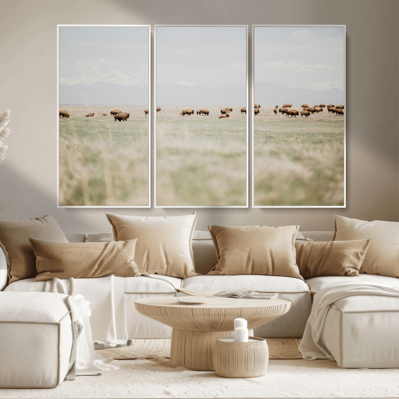 MGV-FC-48X32-3P - Bison Herd Wall Art Canvas Print, Framed Western Art Picture Print, Bison Perfect Ranch Decor Artwork