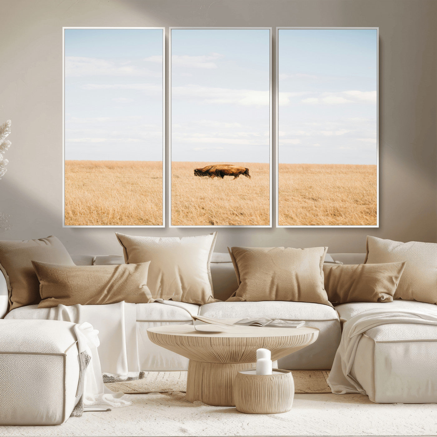 MGV-FC-48X32-3P - Minimalist Nature Wall Art Canvas Print, Framed Bison In Grassland Art Picture Print, Open Field Perfect Modern Ranch Decor Decor Artwork