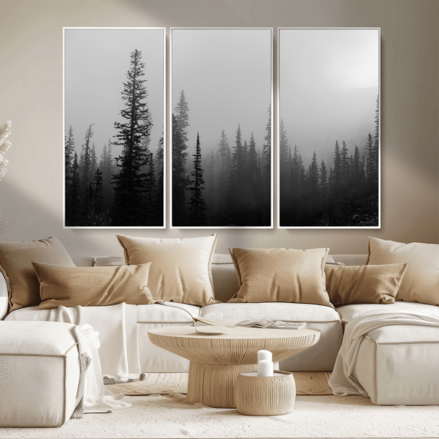 MGV-FC-48X32-3P - Misty Pines Wall Art Canvas Print, Framed Woodland Photography Art Picture Print, Minimalist Decor Perfect Rustic Decor Artwork