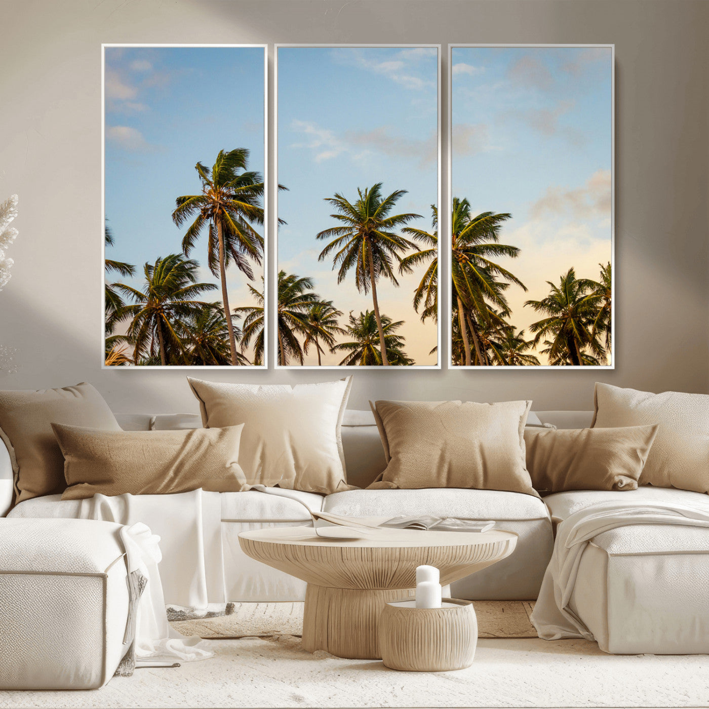 MGV-FC-48X32-3P - Palm Trees Wall Art Canvas Print, Framed Tropical Vibes Art Picture Print, Coastal Sunset Perfect Coastal Boho Decor Artwork