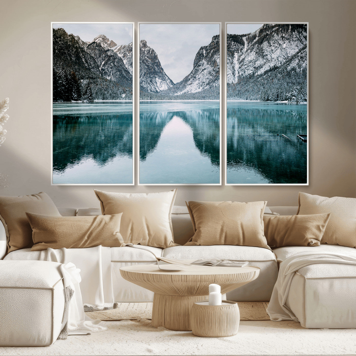 MGV-FC-48X32-3P - Mountain Lake Wall Art Canvas Print, Framed Wonderland Art Picture Print, Snowy Peaks Perfect Nature Decor Artwork