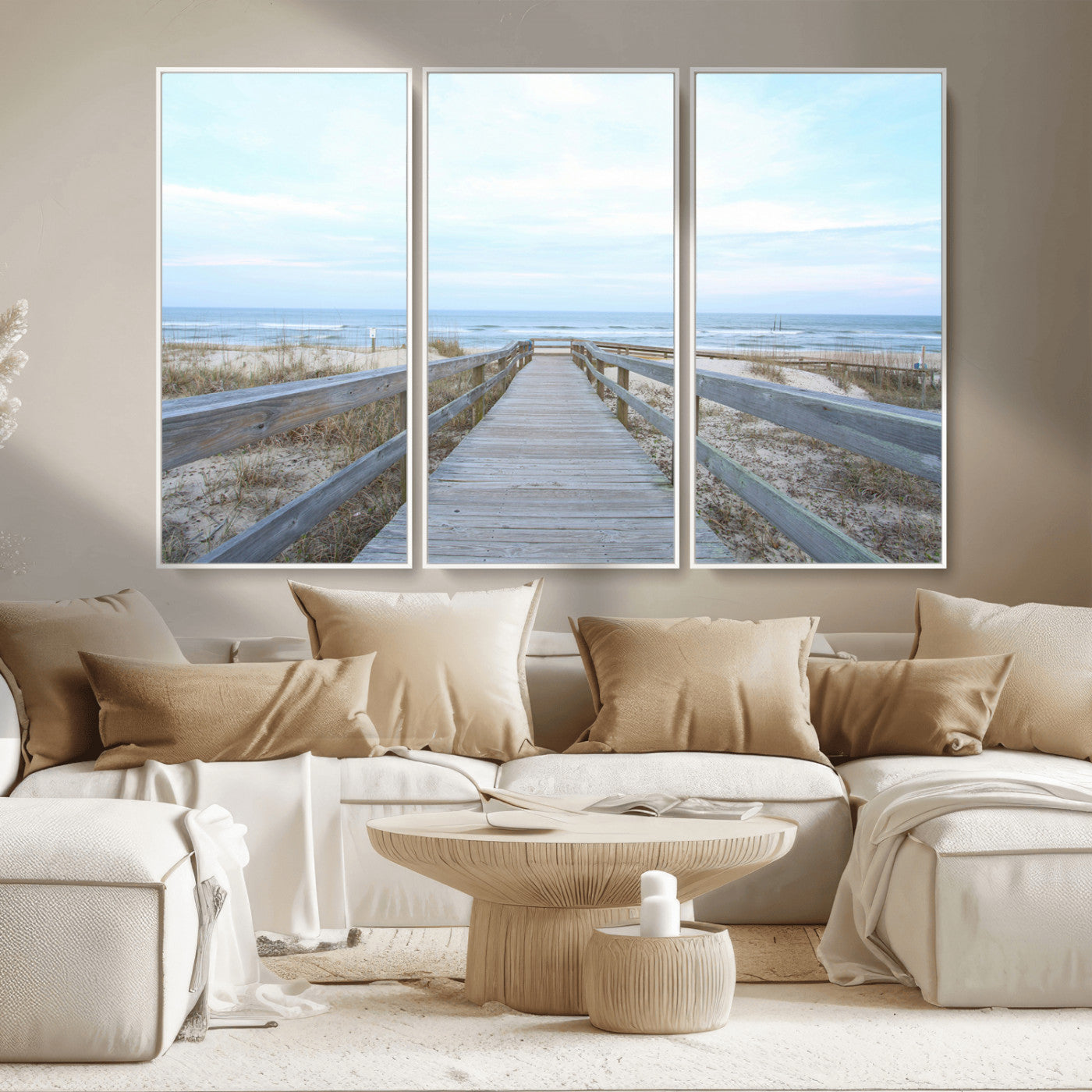 MGV-FC-48X32-3P - Beach Boardwalk Wall Art Canvas Print, Framed Coastal Serenity Art Picture Print, Ocean View Perfect Coastal Decor Artwork