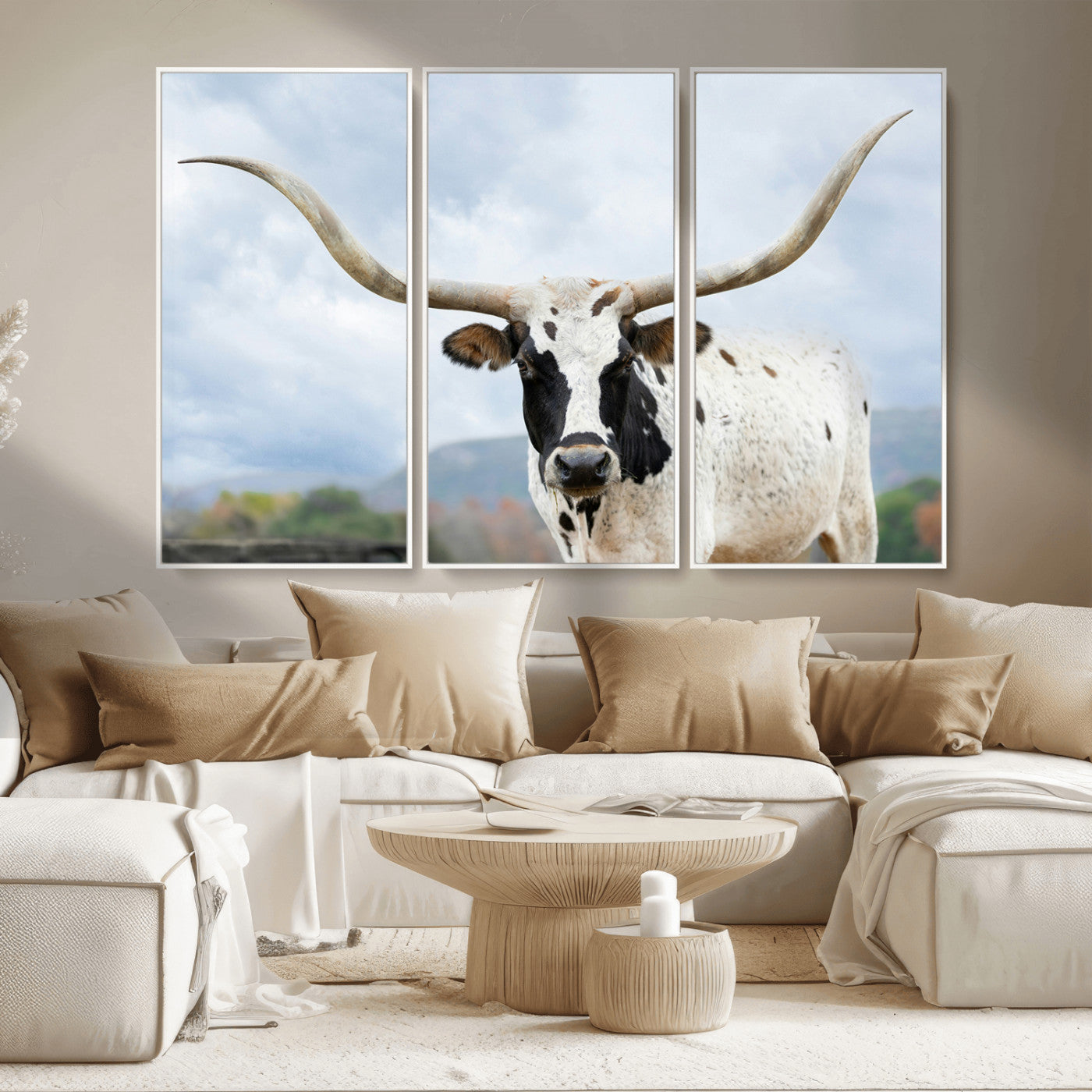 MGV-FC-48X32-3P - Texas Longhorn Wall Art Canvas Print, Framed Western Rustic Art Picture Print, Farmhouse Decor Perfect Farmhouse Decor Artwork