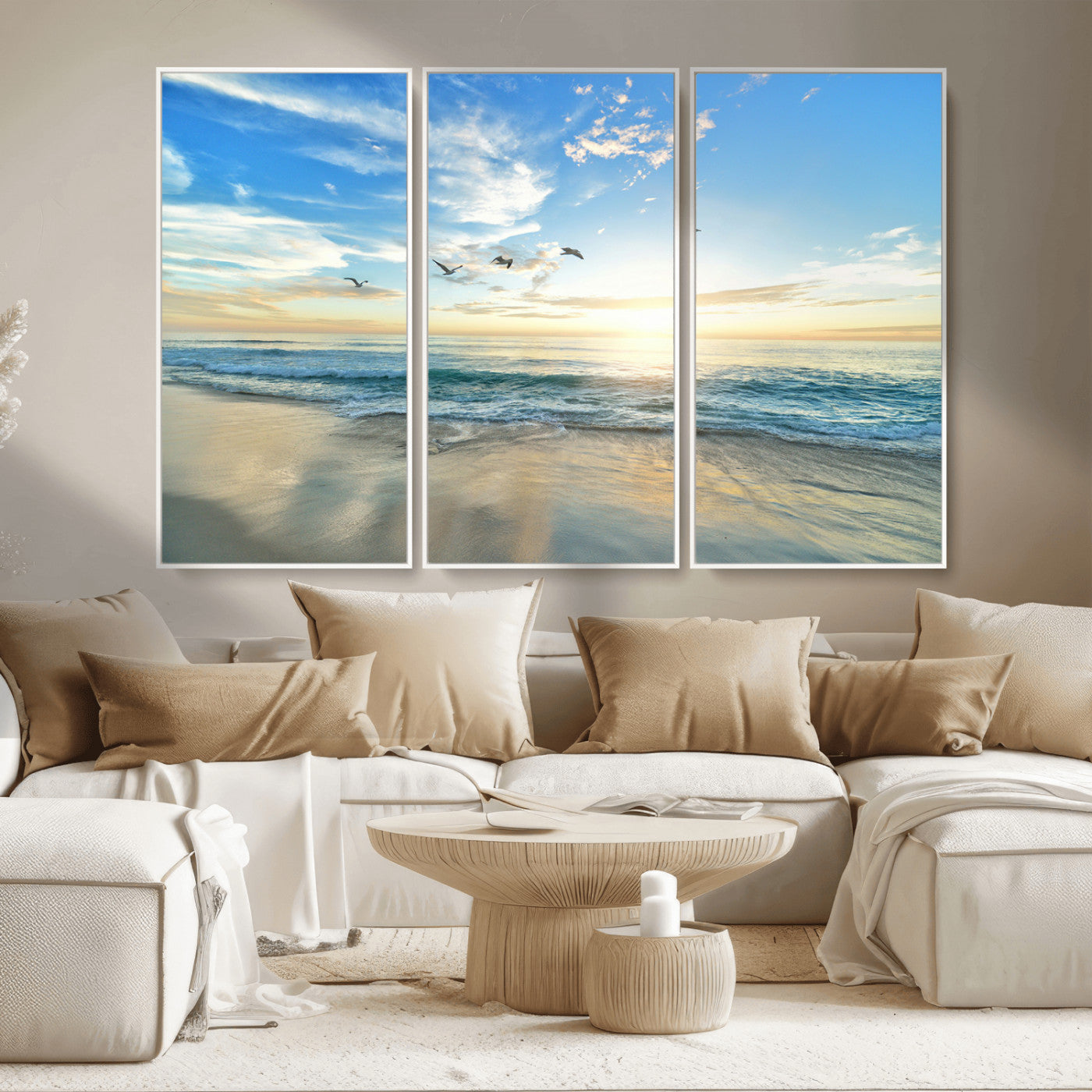 MGV-FC-48X32-3P - Minimalist Seaside Wall Art Canvas Print, Framed Morning Glow Art Picture Print, Golden Reflections Perfect Coastal Minimalist Decor Artwork