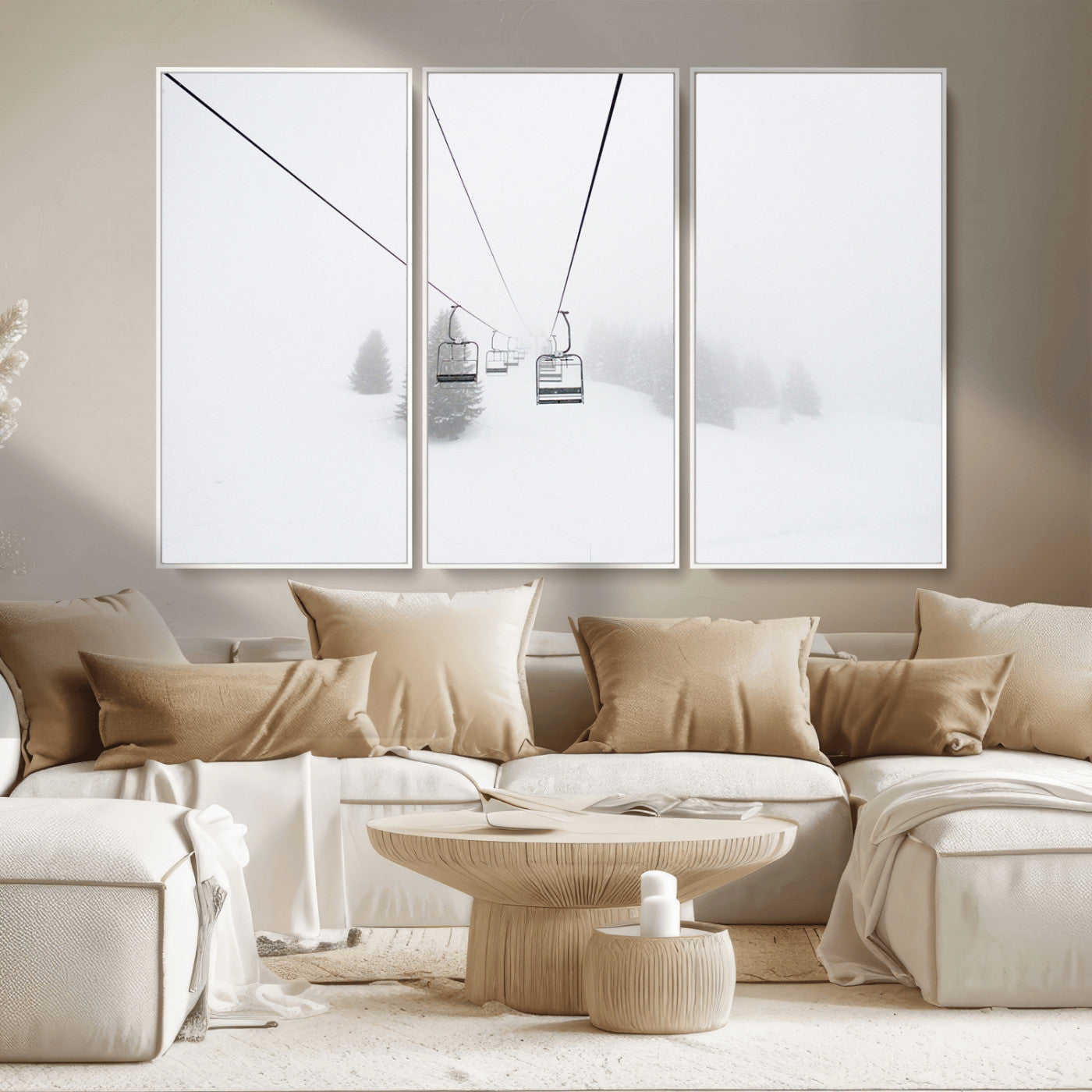 MGV-FC-48X32-3P - Ski Lift Wall Art Canvas Print, Framed Snowy Landscape Art Picture Print, Alpine Adventure Perfect Nordic Minimalist Decor Artwork