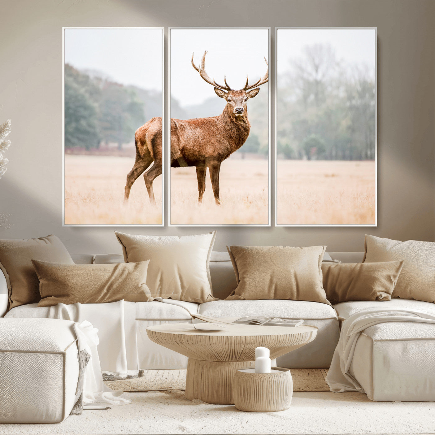 MGV-FC-48X32-3P - Vintage Wildlife Art Wall Art Canvas Print, Framed Misty Landscape Art Picture Print, Deer Wall Art Perfect Rustic Wildlife Decor Artwork
