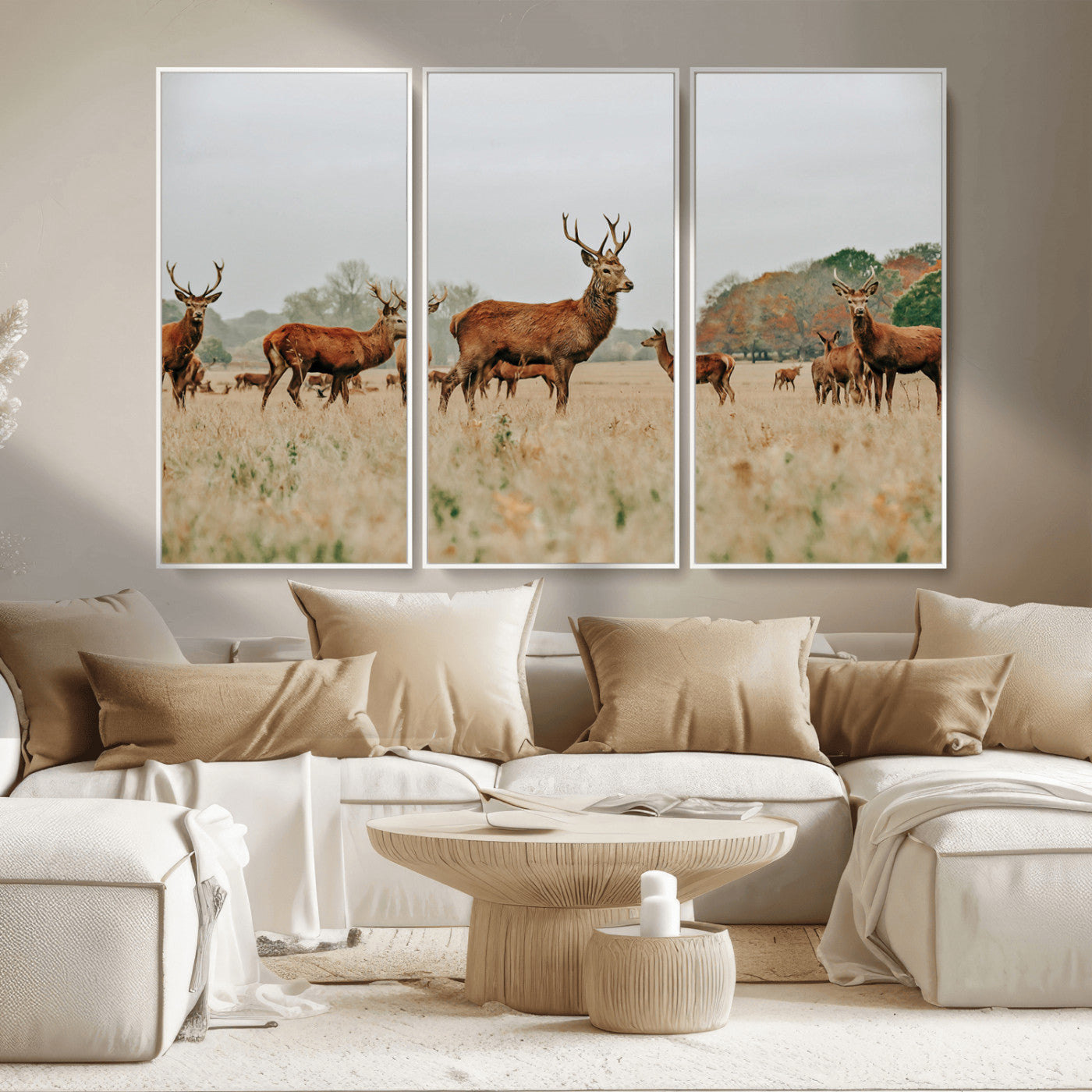 MGV-FC-48X32-3P - Rustic Deer Print Wall Art Canvas Print, Framed Autumn Nature Canvas Art Picture Print, Wildlife Art Print Perfect Rustic Wildlife Decor Artwork