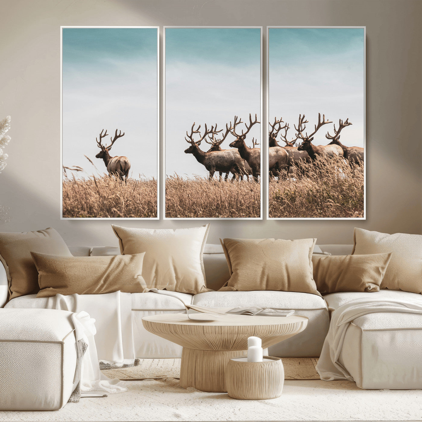 MGV-FC-48X32-3P - Elk Herd Wall Art Canvas Print, Framed Wildlife Photography Art Picture Print, Rustic Nature Print Perfect Rustic Wildlife Decor Artwork