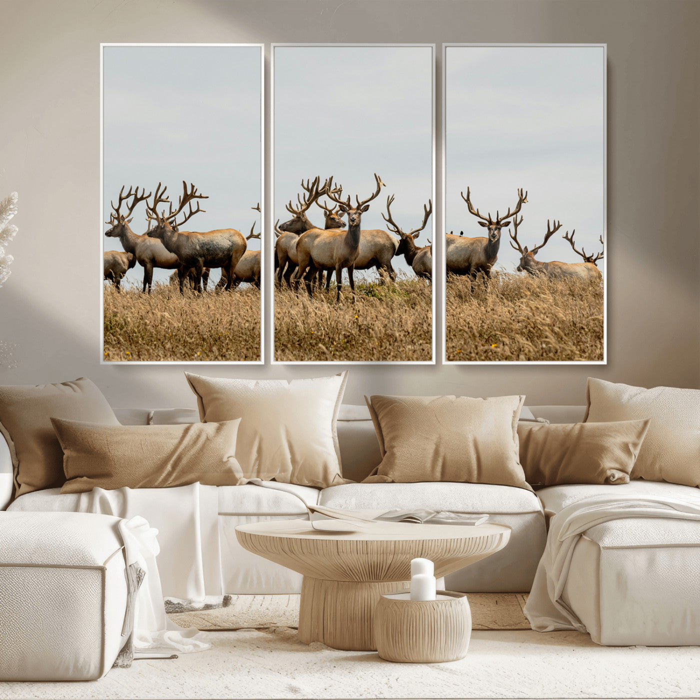 MGV-FC-48X32-3P - Elk Herd Wall Art Canvas Print, Framed Wildlife Photography Art Picture Print, Majestic Antlers Perfect Rustic Wildlife Decor Artwork