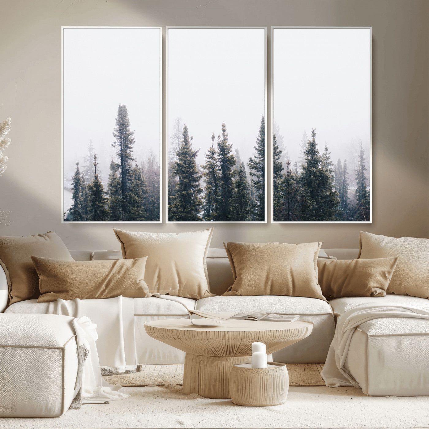 MGV-FC-48X32-3P - Foggy Forest Wall Art Canvas Print, Framed Misty Pines Art Picture Print, Moody Woodland Perfect Scandinavian Minimalist Decor Artwork