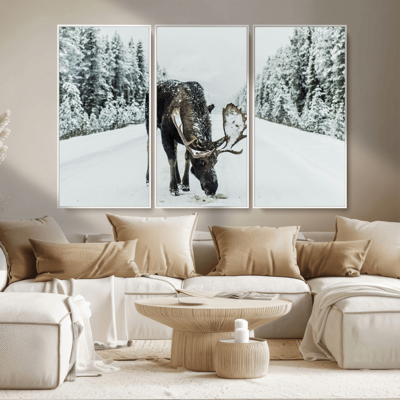 MGV-FC-48X32-3P - Moose in Snow Wall Art Canvas Print, Framed Winter Wildlife Art Picture Print, Snowy Forest Scene Perfect Rustic Lodge Decor Artwork