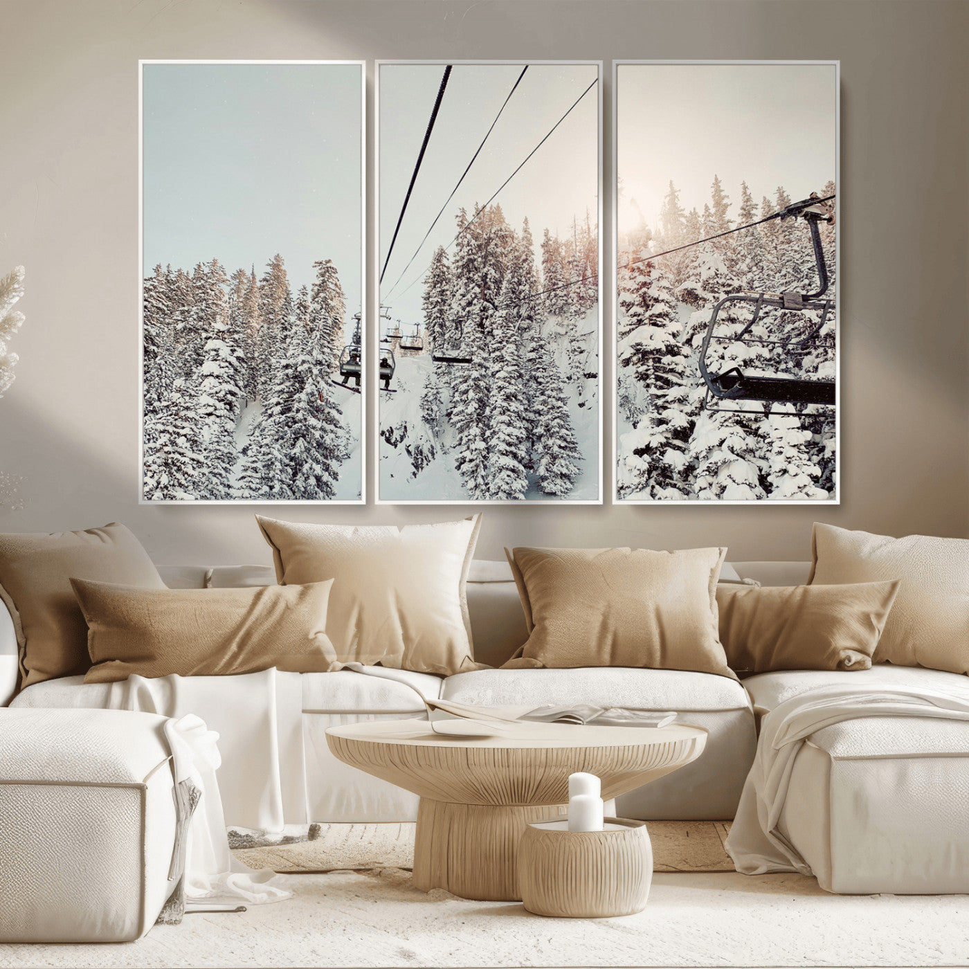 MGV-FC-48X32-3P - Frosty Pines Wall Art Canvas Print, Framed Cozy Cabin View Art Picture Print, Ski Lift Ride Perfect Rustic Lodge Decor Artwork