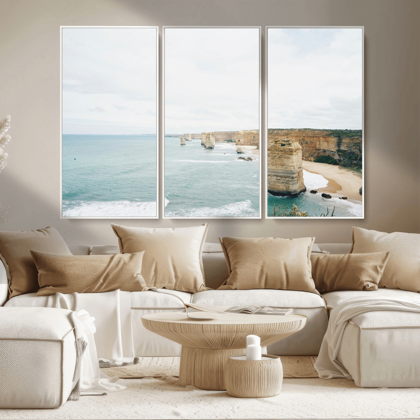 MGV-FC-48X32-3P - Twelve Apostles Wall Art Canvas Print, Framed Coastal Cliffs Art Picture Print, Rugged Rock Formations Perfect Minimalist Coastal Decor Artwork