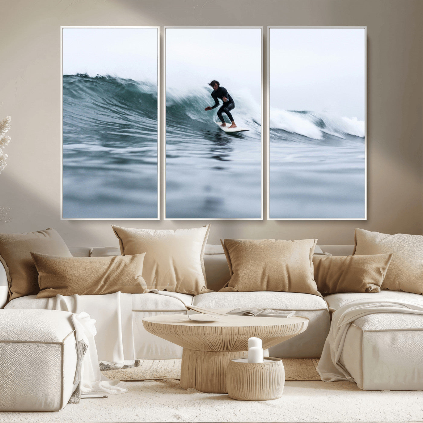 MGV-FC-48X32-3P - Surfer on Wave Wall Art Canvas Print, Framed Ocean Adventure Art Picture Print, Motion Blur Water Perfect Coastal Adventure Decor Artwork
