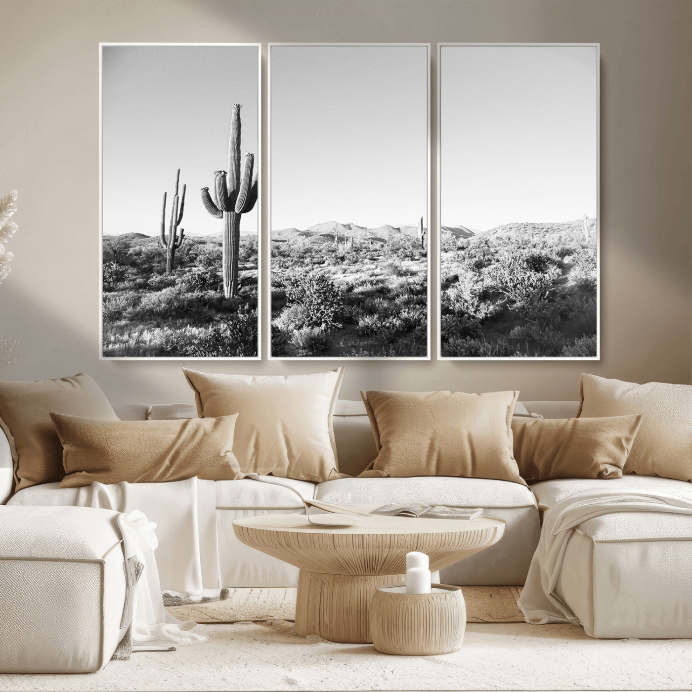MGV-FC-48X32-3P - Saguaro Cactus Wall Art Canvas Print, Framed Monochrome Landscape Art Picture Print, Scenic Arizona View Perfect Minimalist Western Decor Artwork