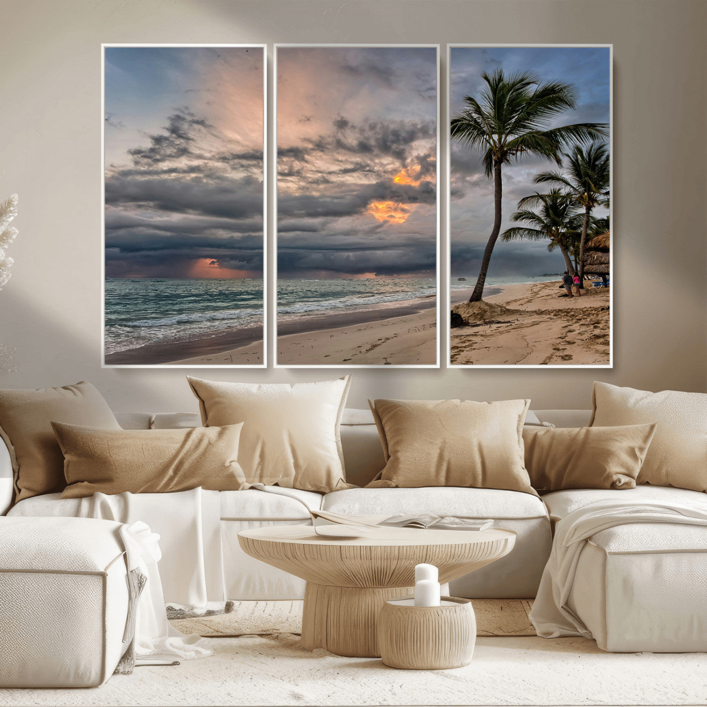MGV-FC-48X32-3P - Tropical Storm Wall Art Canvas Print, Framed Moody Beach Art Picture Print, Dramatic Sky Perfect Tropical Coastal Decor Artwork