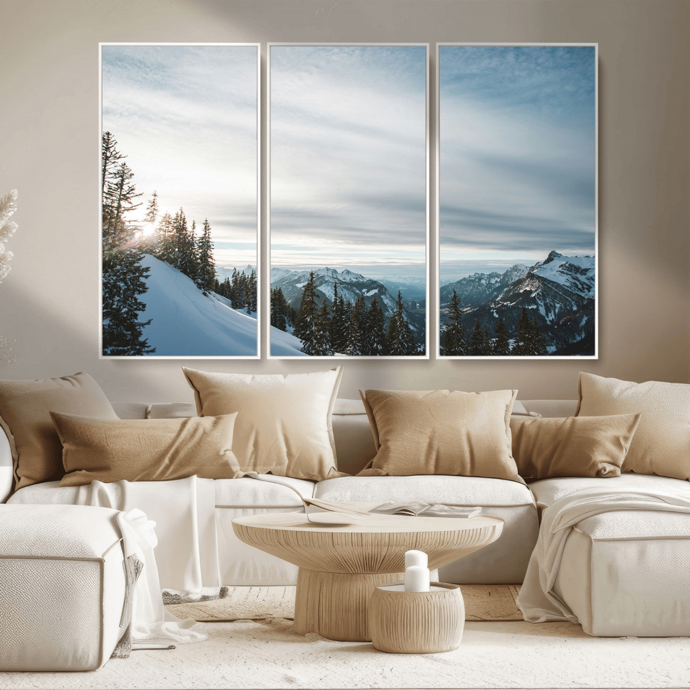 MGV-FC-48X32-3P - Snowy Mountains Wall Art Canvas Print, Framed Alpine Landscape Art Picture Print, Frosty Peaks Perfect Nordic Minimalist Decor Artwork