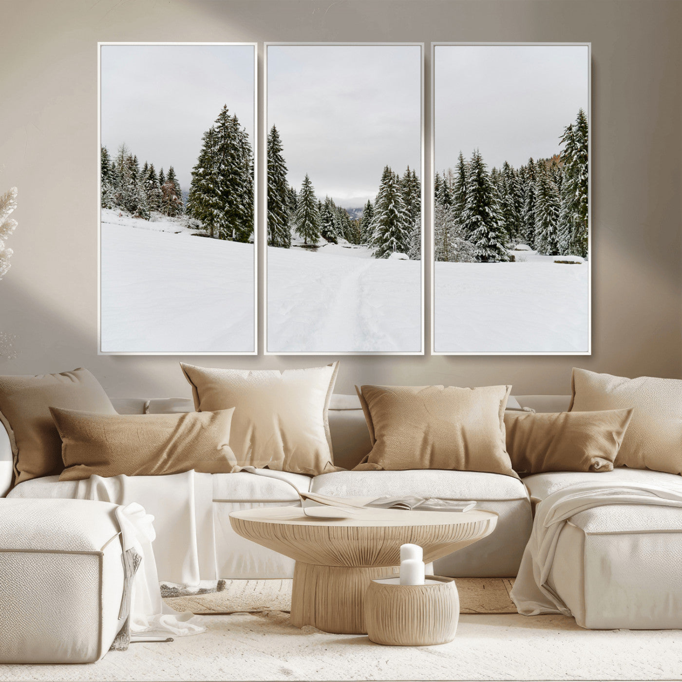 MGV-FC-48X32-3P - Frosty Pines Wall Art Canvas Print, Framed Silent Snowfall Art Picture Print, Cozy Cabin Vibes Perfect Nordic Minimalist Decor Artwork
