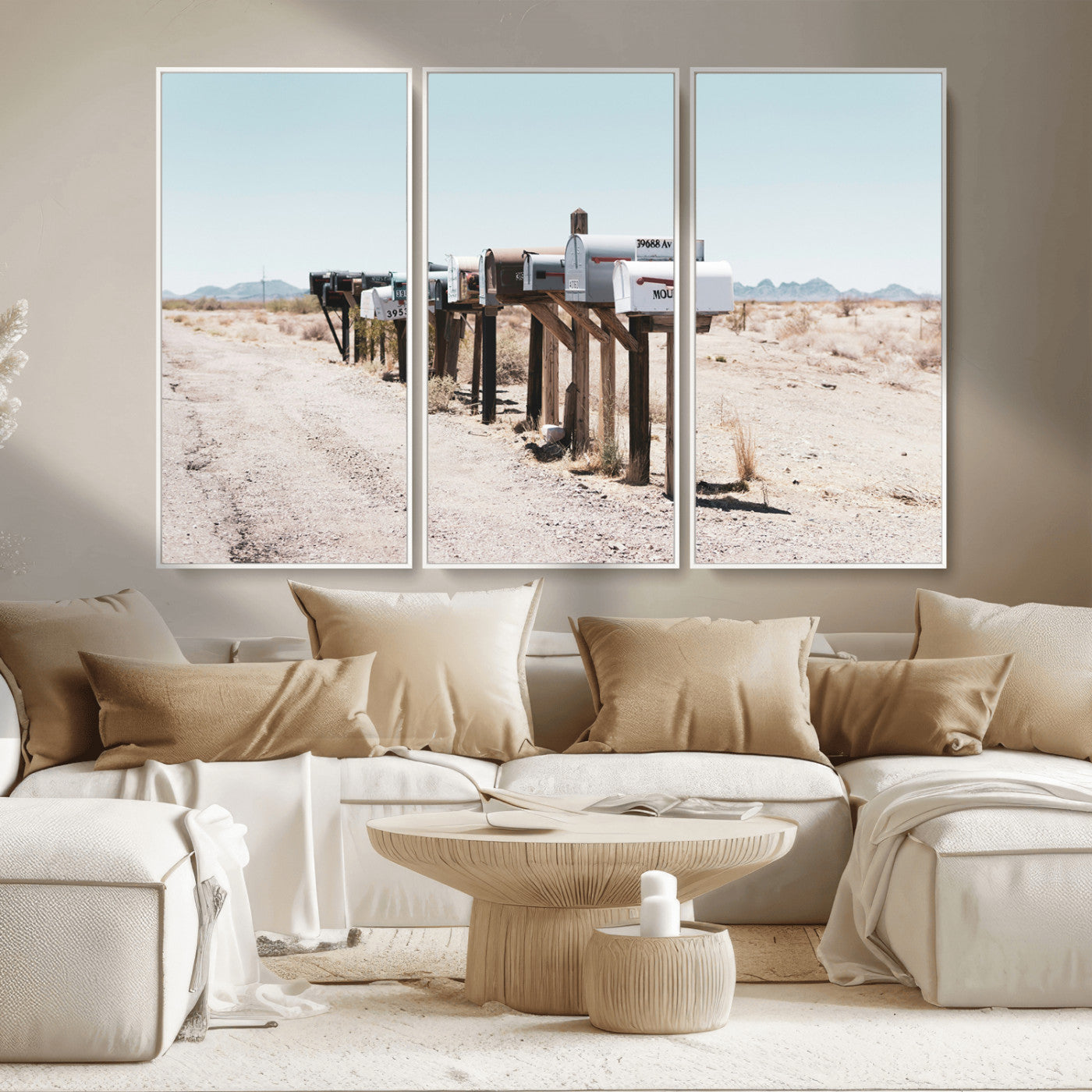 MGV-FC-48X32-3P - Desert Mailboxes Canvas Print – Minimal Western Landscape Photography, Rustic Americana Wall Art for