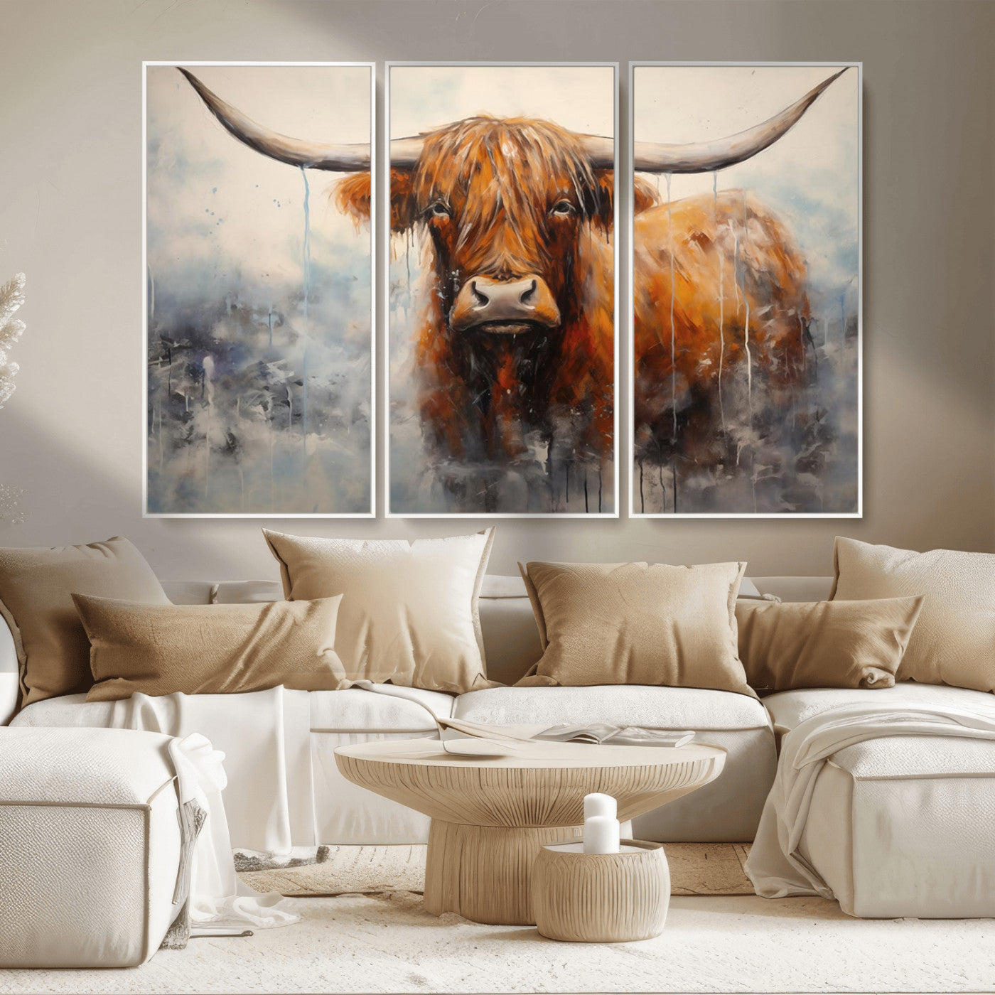 MGV-FC-48X32-3P - Scottish Highland Wall Art Canvas Print, Framed Longhorn Art Picture Print, Western Cow Perfect Farmhouse Decor Artwork