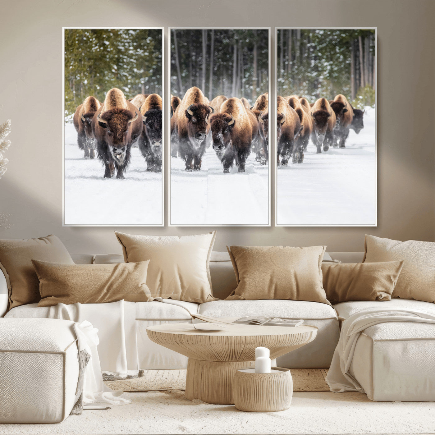 96906195-MGV-FC-48X32-3P - American Bison Herd Snow Canvas Wall Art – Powerful Winter Wildlife Print of Buffalo Motion, Rustic Lodge or Western Cabin Decor for Living Room, Office