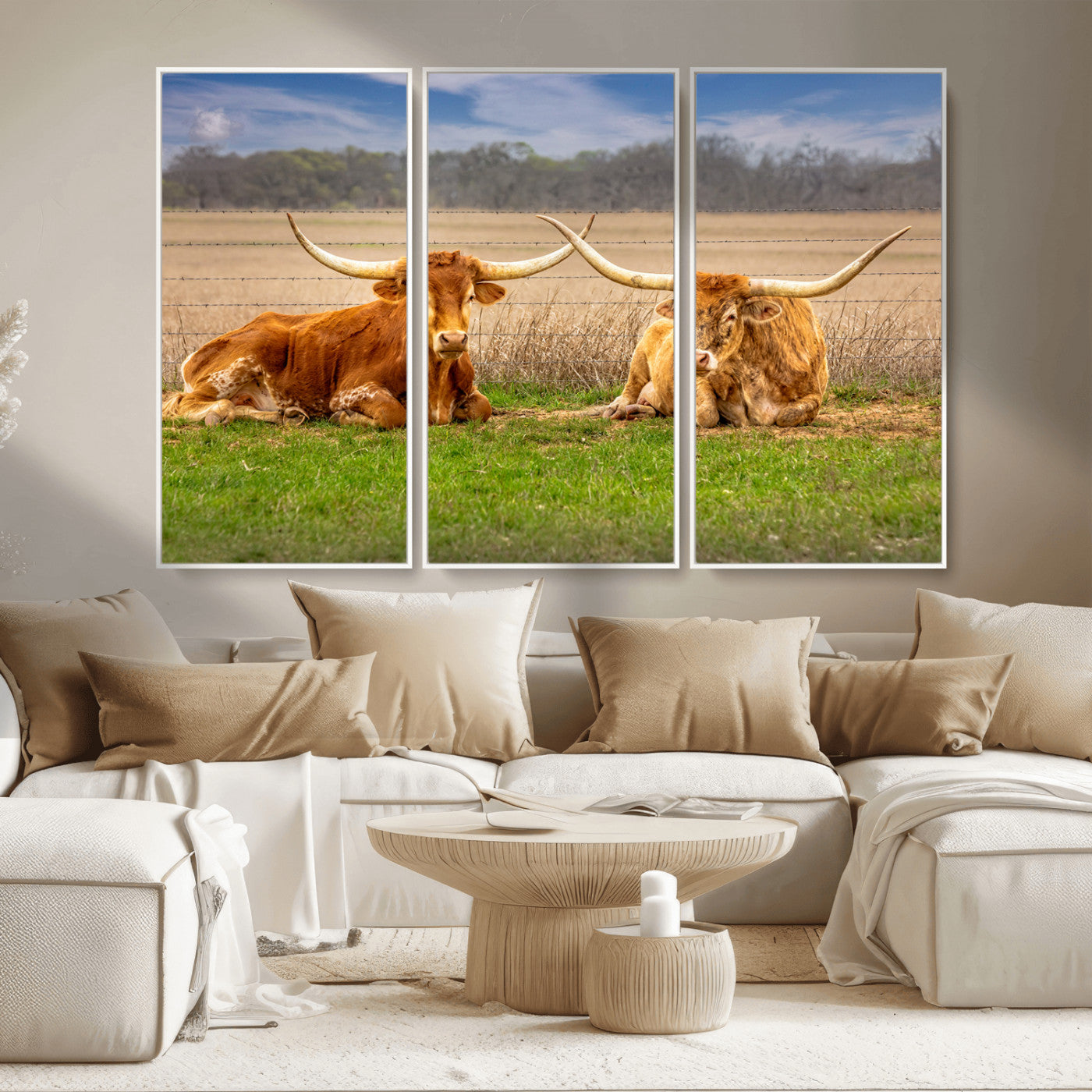 54598515-MGV-CV-36X24-Texas Longhorn Pair Wall Art Canvas Print – Peaceful Rustic Ranch Scene with Two Cattle in Field, Perfect for Western Farmhouse Home Decor