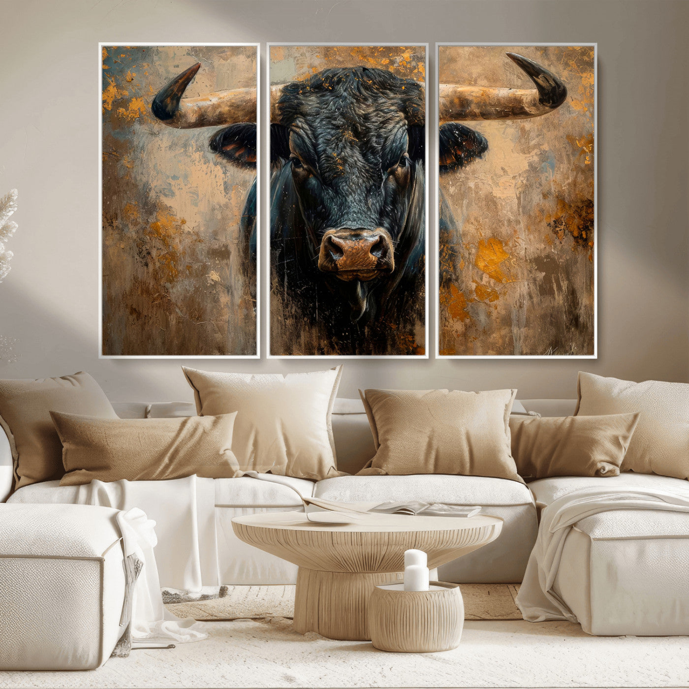 91615410-MGV-CV-36X24 - Abstract Texas Longhorn Bull Wall Art – Rustic Farmhouse Canvas Print, Western Cabin Style Decor, Large Animal Artwork for Living Room or Office
