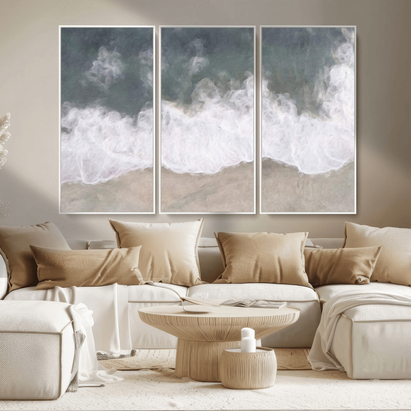 Wall art canvas print featuring foamy ocean waves softly rolling onto a sandy shore with a dreamy, painterly texture.