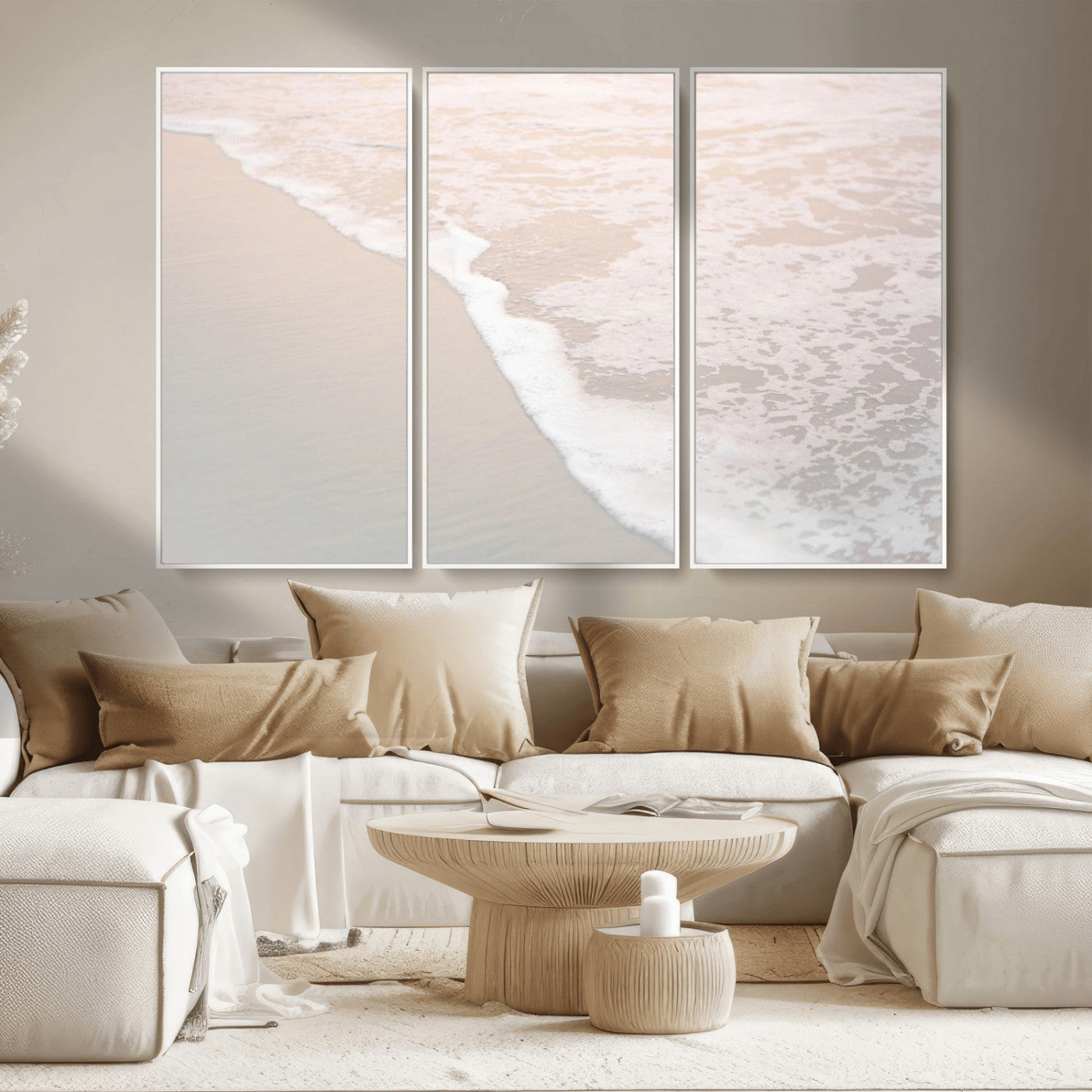 Close-up view of gentle ocean waves washing over smooth, wet sandy beach with soft foam along the shoreline.