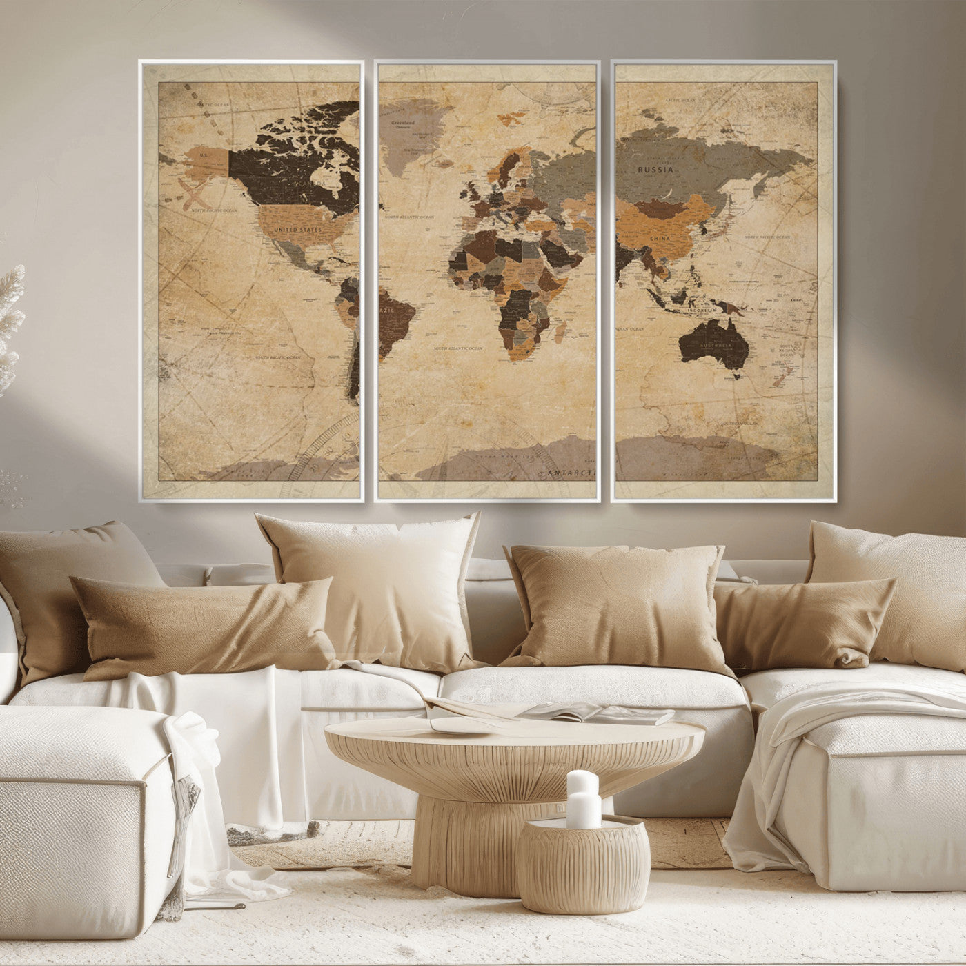 Vintage-style world map with muted brown, beige, and sepia tones, showing countries and continents with a weathered paper texture background.