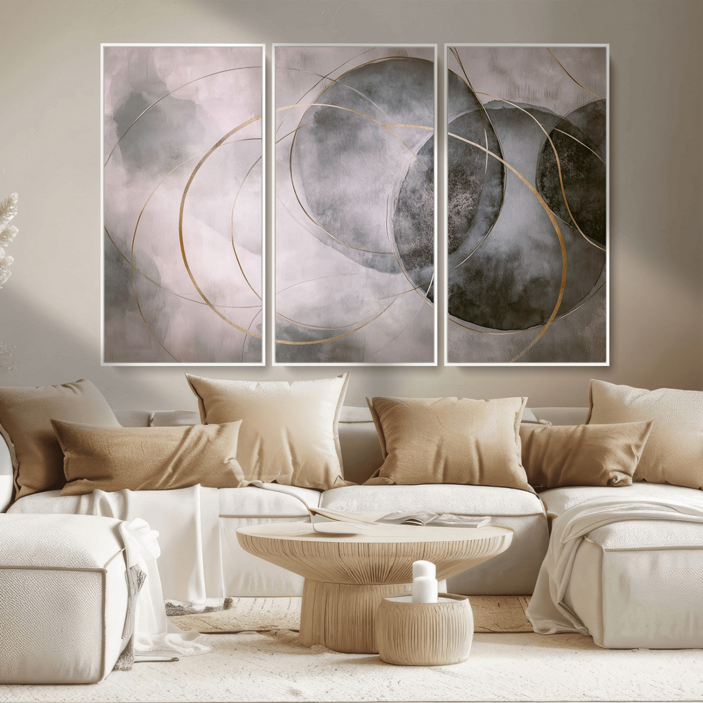 MGV-FC-48X32-3P - Wall Art Canvas Print Abstract Gray Black Gold Circles Soft Texture Modern Minimalist Artistic Home Decor Contemporary Elegant Stylish Unique