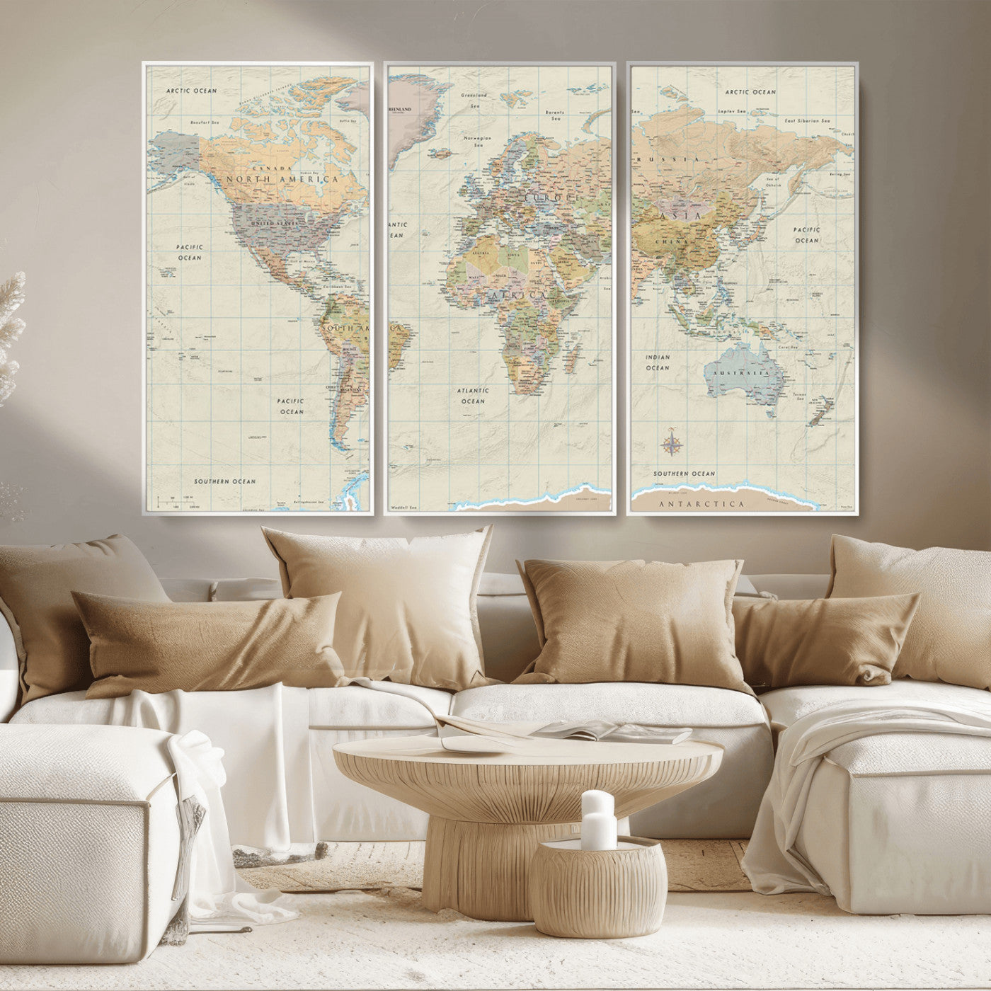A detailed vintage-style political world map displaying continents, countries, and oceans with clear borders and labels, set on a beige textured background with grid lines.