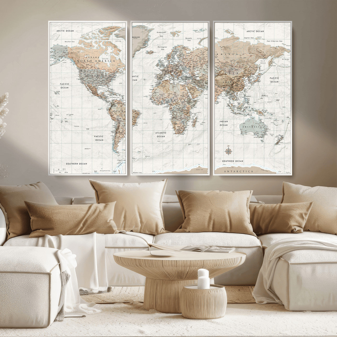 Vintage world map with detailed country borders and labels, featuring soft earthy tones of beige, brown, and gray on a textured parchment background, including oceans, continents, and major cities.
