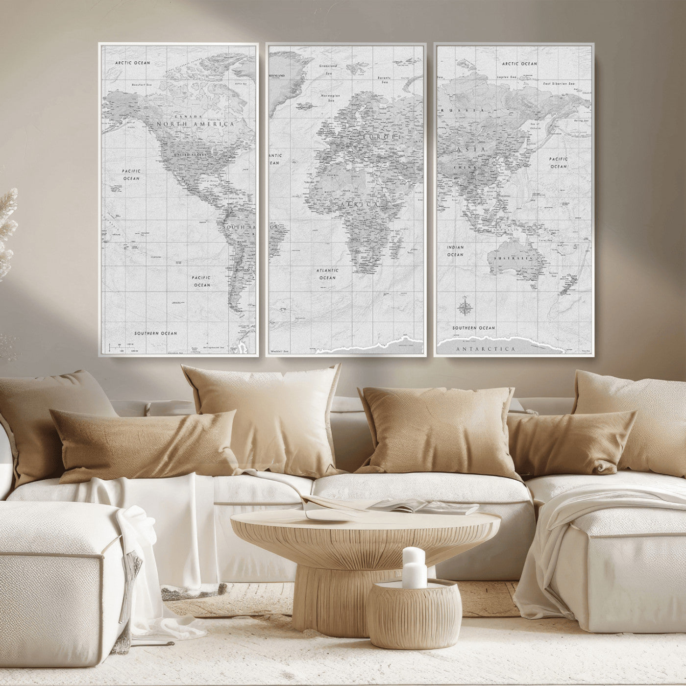 Grayscale vintage world map with detailed country borders, oceans, continents, and major cities on a textured parchment background.