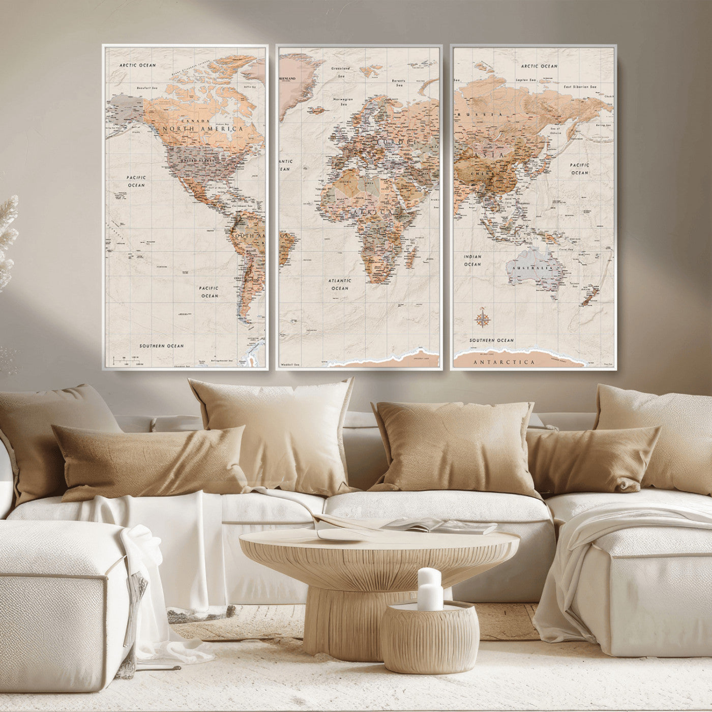 Detailed vintage world map with warm earth tones showing country borders, oceans, continents, and major cities, styled with a textured parchment background.