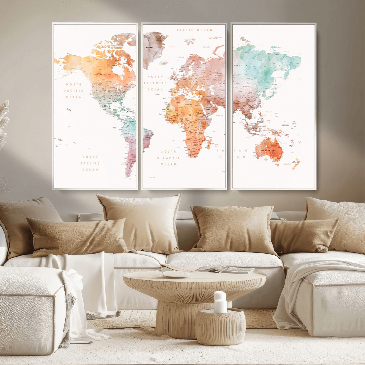 Watercolor world map featuring soft pastel hues in orange, green, blue, and purple on a light background, printed on canvas for vibrant and artistic wall decor.