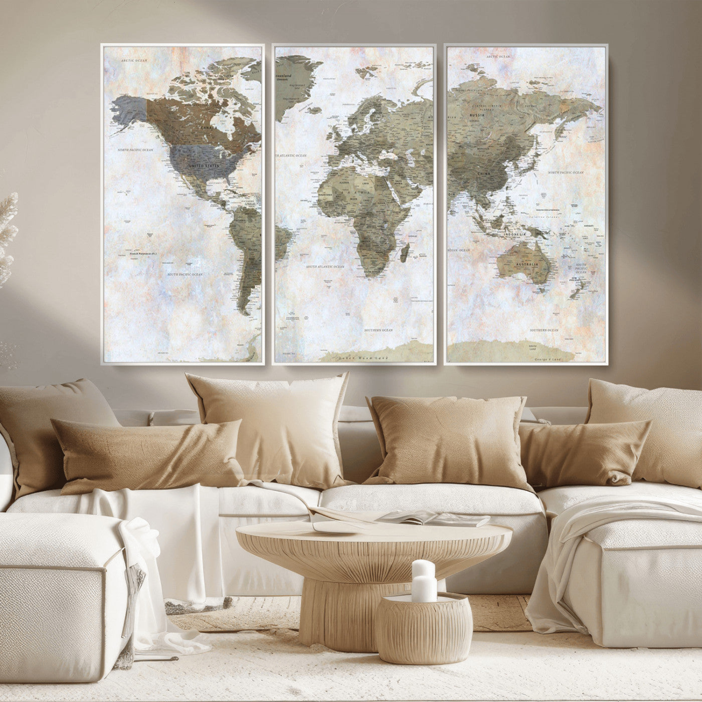 World map printed on a textured canvas with soft muted earth tones and a weathered background, showing detailed countries and continents, perfect for vintage-style wall art.