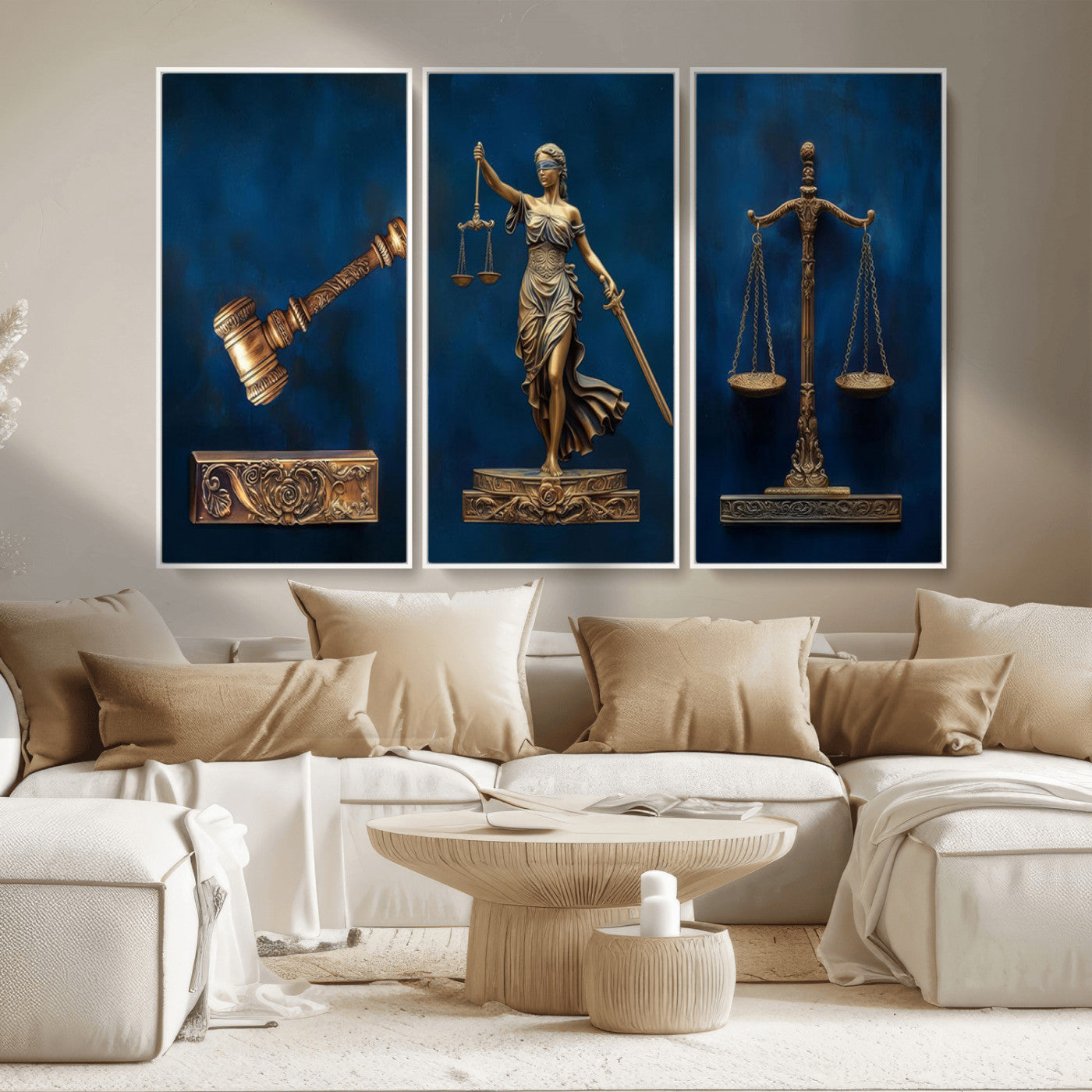 MGV-FC-48X32-3P - Lady Justice Wall Art Canvas Print – Elegant Gold Legal Symbols on Blue Background, Perfect for Law